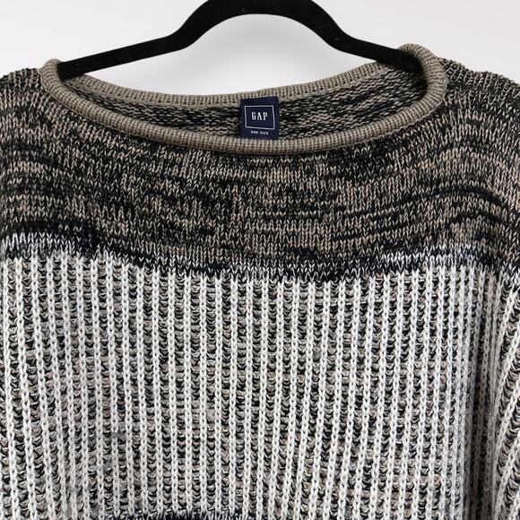 GAP One Size Poncho Wool Boho Gray Warm Knit Lagenlook Chunky Stripe Winter Fall - Picture 2 of 7